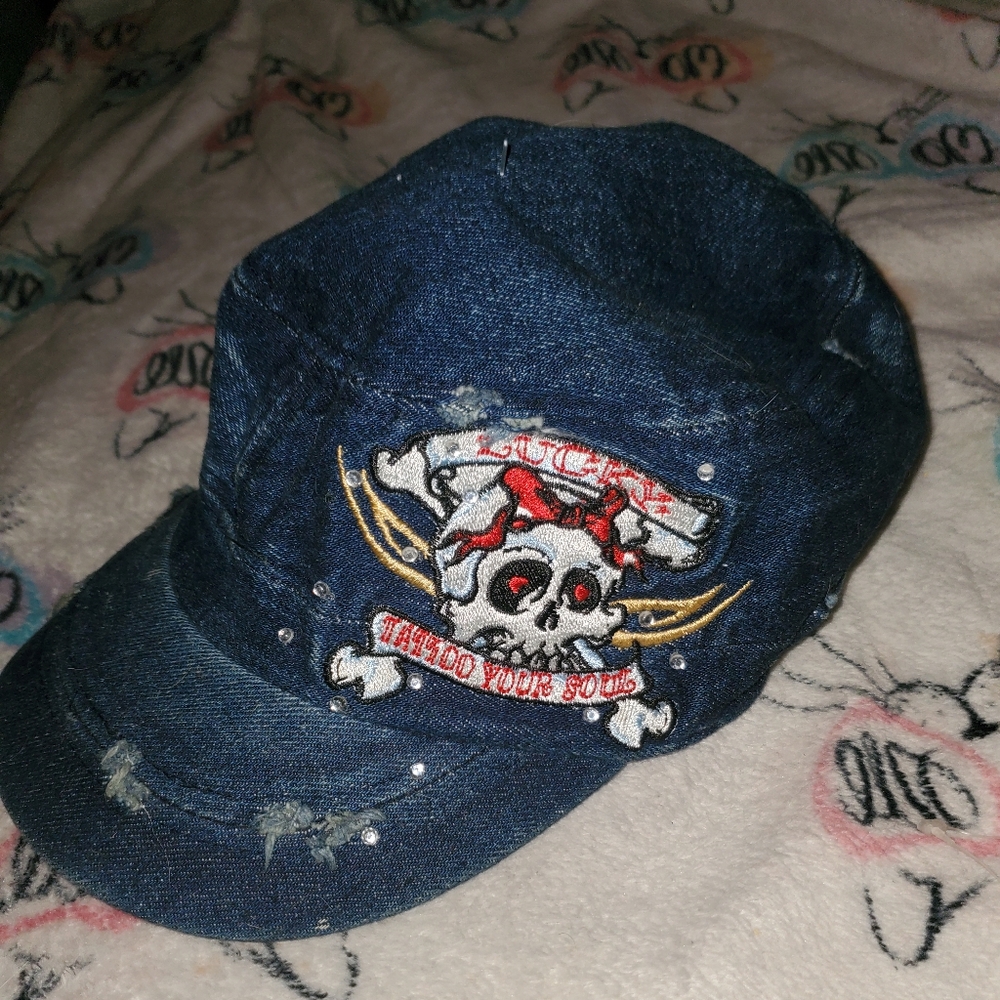 Lucky Brand Blue Denim Hat with Skull Embroidery